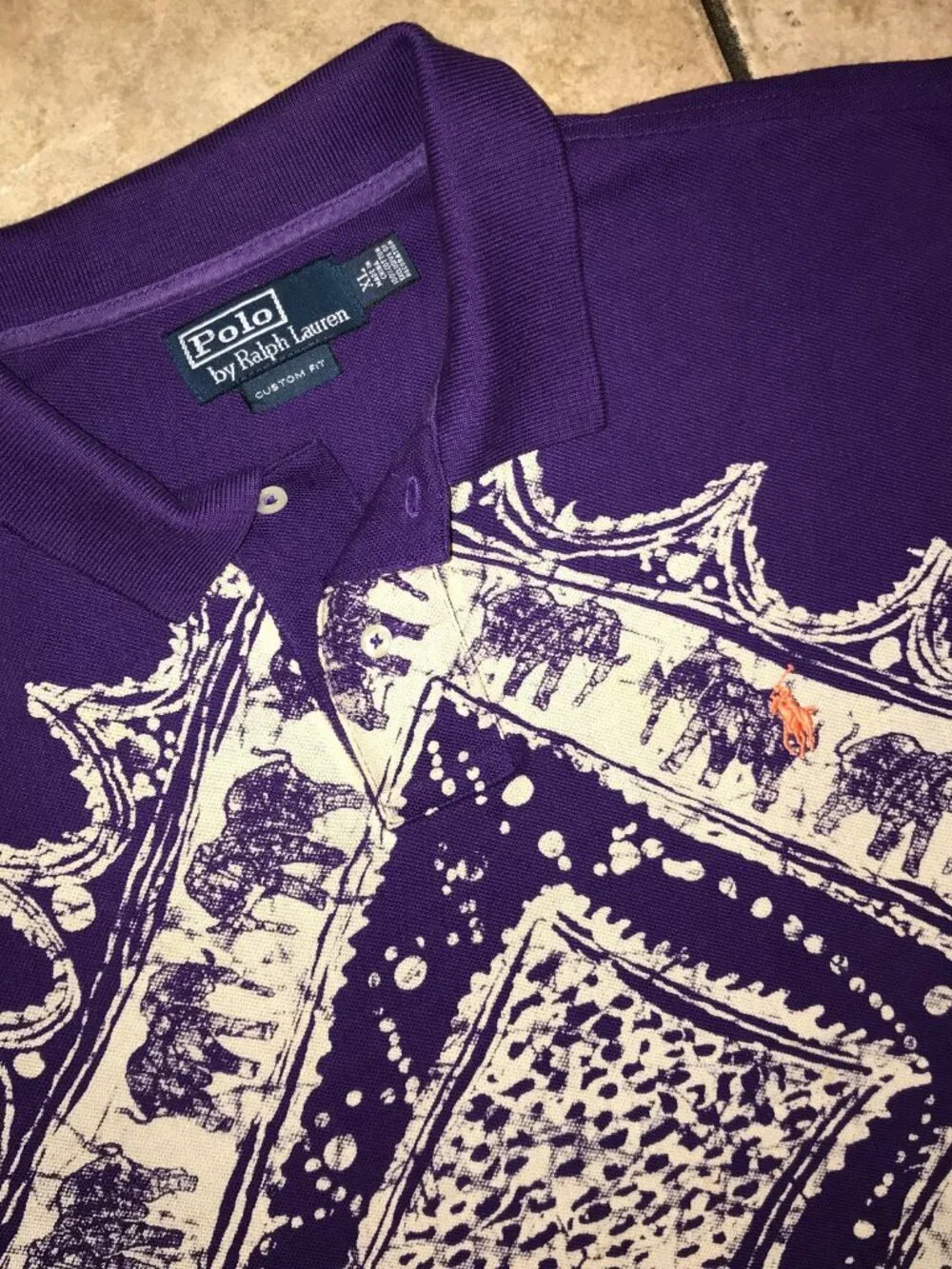 Men's Vintage Polo Ralph Lauren Aztec Elephant AOP Polo Shirt-Size XL(Custom Fit